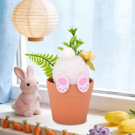 Cadancy Easter Tiered Tray Decor Mini Flower Pots with Plush Bunny Bum Cute Pom Pom Rabbit Butt Ornaments Spring Home Room Table Centerpiece Decorations