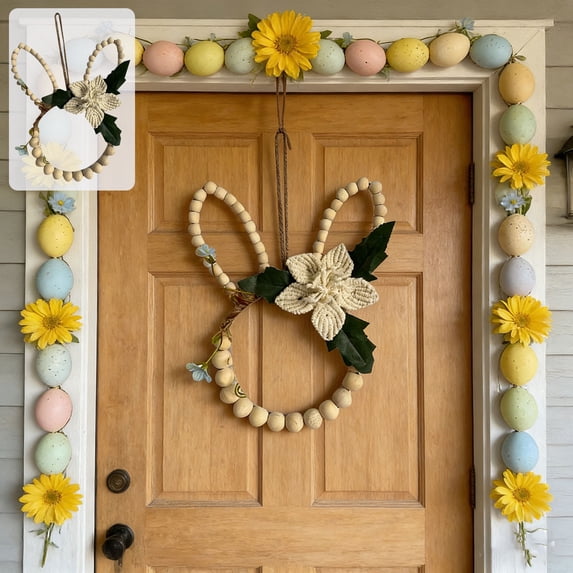 Cadancy Easter Wood Bead Wreath Bunny Shaped Door Sign with Macrame Flower Boho Rustic Farmhouse Rabbit Garland Wall Hanging Decoration Spring Home Decor