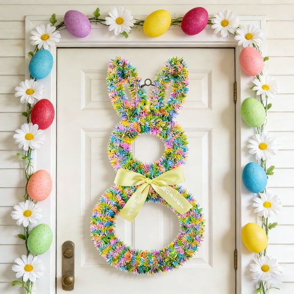 Cadancy Easter Wreath Bunny Shaped Tinsel Garland with Bow for Front Door, Fuzzy Rabbit Silhouette Hanging Decoration, Spring Holiday Wall Decor Home Party Indoor Outdoor Ornament