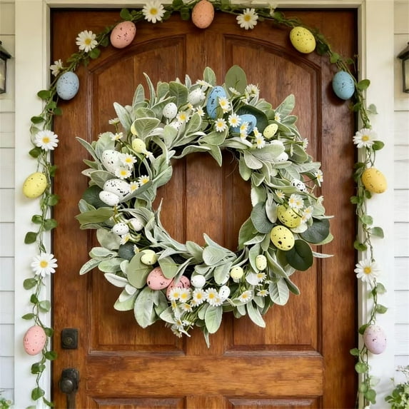 Cadancy Easter Wreath for Front Door Spring Decorative Wreath with Artificial Eggs Daisy Leaves Indoor Outdoor Easter Decorations Wall Fireplace Home Decor