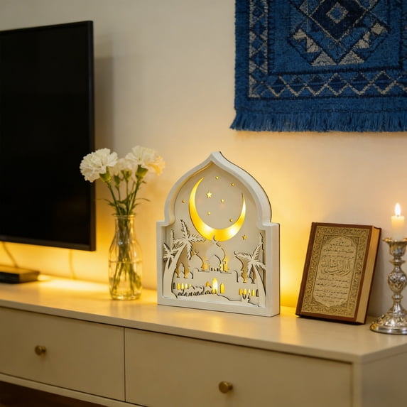 Cadancy Eid Decorations Wooden Mosque LED Light Ornament, Battery Operated Crescent Moon Lamp, Islamic Festival Table Centerpiece, Home Decor Gift for Muslim Holiday Celebration