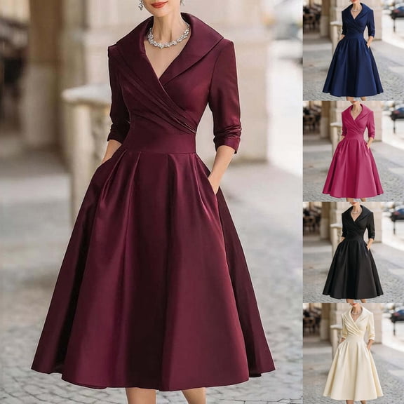 Cadancy Elegant Dresses for Women Formal V Neck Lapel 3/4 Sleeve A Line Wedding Guest Wrap Maxi Dress with Pockets Flowy Dressy Cocktail Party Gowns