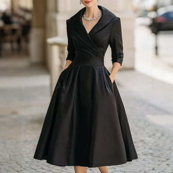 Cadancy Elegant Dresses for Women Formal V Neck Lapel 3/4 Sleeve A Line Wedding Guest Wrap Maxi Dress with Pockets Flowy Dressy Cocktail Party Gowns