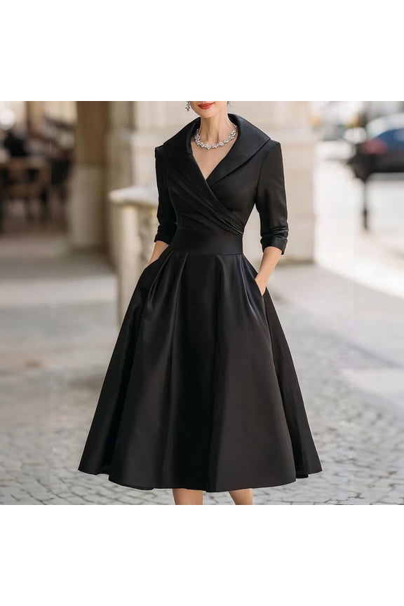 Elegant Dresses for Women Formal V Neck Lapel 3/4 Sleeve A Line Wedding Guest Wrap Maxi Dress with Pockets Flowy Dressy Cocktail Party Gowns