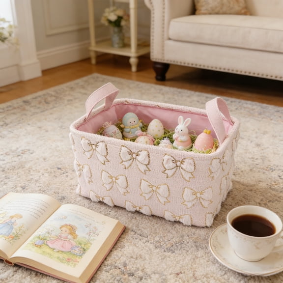 Cadancy Embroidered Fabric Storage Baskets with Handles Large Woven Bins Decorative Bow Pattern Organizer for Toys Laundry Blankets Closet Shelves Nursery Living Room Home Decor