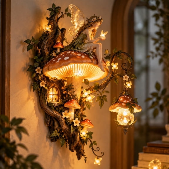 Cadancy Fairy Wall Light Mushroom Elf Sculpture Lamp Resin Wall Mounted Art Decor with Warm LED Lights Enchanted Forest Style Ornament for Bedroom Living Room Indoor Wall Scene Decoration