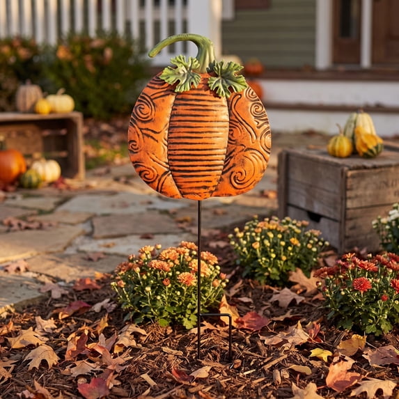 Cadancy Fall Decorations Metal Pumpkin Yard Stake Outdoor Garden Lawn Pathway Marker Harvest Festival Seasonal Patio Front Porch Display Thanksgiving Halloween Decor Party Ornament