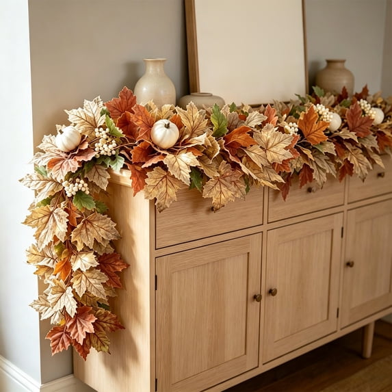 Cadancy Fall Garland Maple Leaf Pumpkin Artificial Vine for Mantle Fireplace Staircase Railing Outdoor Indoor Home Decor Autumn Harvest Thanksgiving Party Decoration