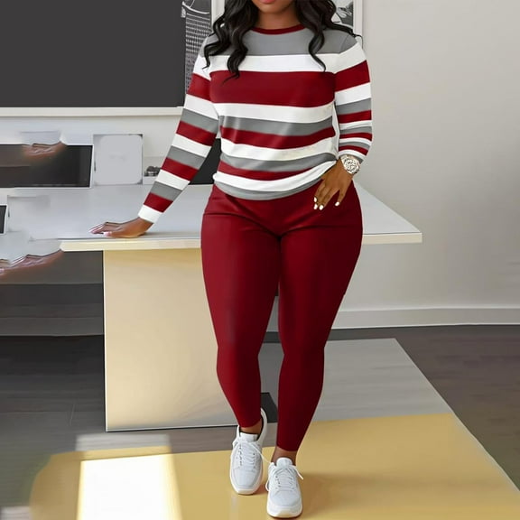 Cadancy Fall Matching Sets for Women Long Sleeve Striped Crewneck Tops High Waist Leggings Pants Lounge Set 2 Piece Sweatsuit Trendy Workout Tracksuit Outfits 2025