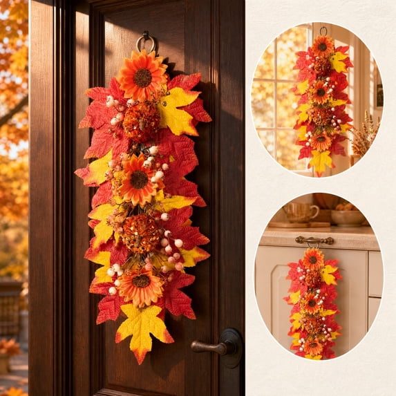 Cadancy Fall Wreath Artificial Maple Leaf Sunflower Door Swag with Berry Pumpkin Accent Hanging Ornament Thanksgiving Decorations Front Porch Harvest Seasonal Wall Decor