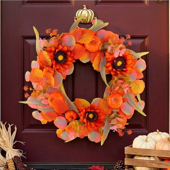 Cadancy Fall Wreath for Front Door, Artificial Pumpkin with Eucalyptus Leaves and Daisy Autumn Harvest Farmhouse Decoration Porch Wall Window Indoor Outdoor Seasonal Home Decor