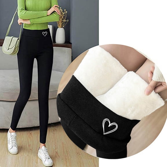 Cadancy Fleece Leggings for Women Tummy Control High Waist Heart Patterned Thick Fuzzy Lined Yoga Pants Workout Gym Winter Warm Trendy Stretchy Tights