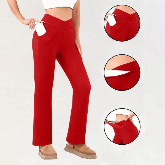 Cadancy Fleece Lined Leggings Women with Pockets Tummy Control V Cross High Waisted Winter Thermal Flare Legging Fuzzy Cozy Running Yoga Tights Pants