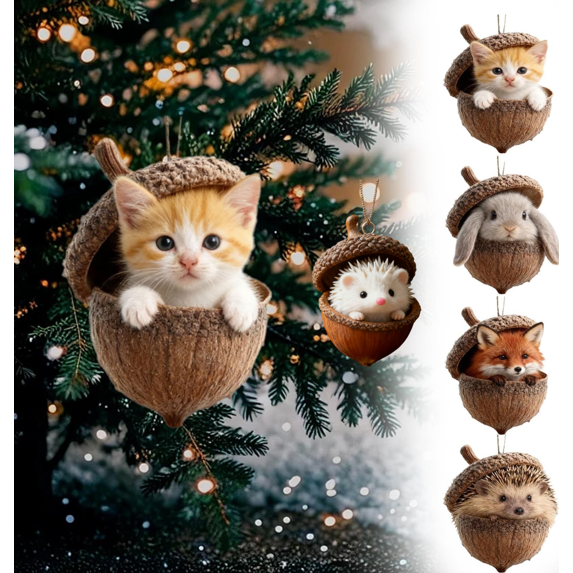 Cadancy Forest Animal Acorn Ornaments, Cozy Forest Christmas Ornaments, Animal In Pine Cone Creative Hanging Decorations, 2D Acrylic Xmas Tree Holiday Party Home Decor（A）