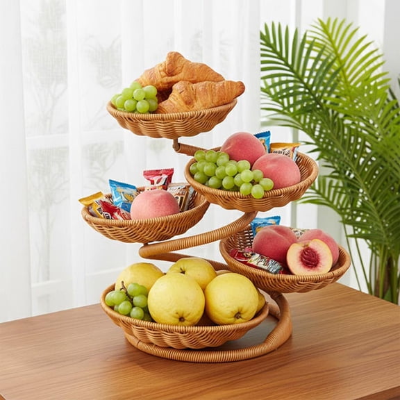 Cadancy Fruit Basket for Kitchen Counter, 5 Tier Woven Storage Stand, Handmade Bread Snack Organizer Party Home Dining Room Table Display Decor
