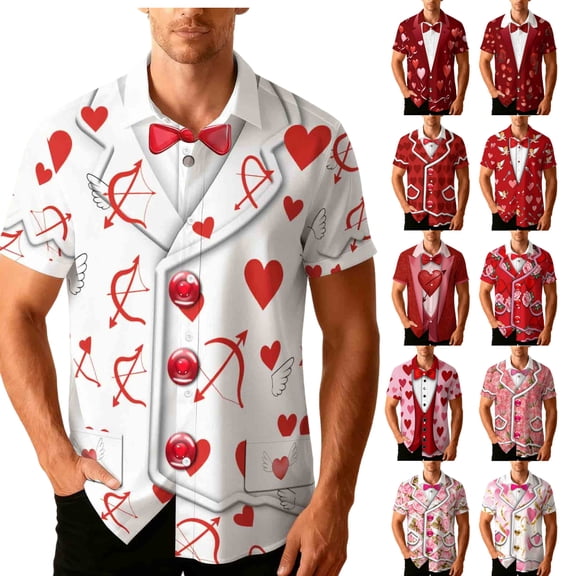 Cadancy Funny Shirts for Men Valentine Day Heart Graphic Bow Tie Tuxedo Printed Buttdon Down Short Sleeve Tops Loose Casual Holiday Vacation Party Tshirt