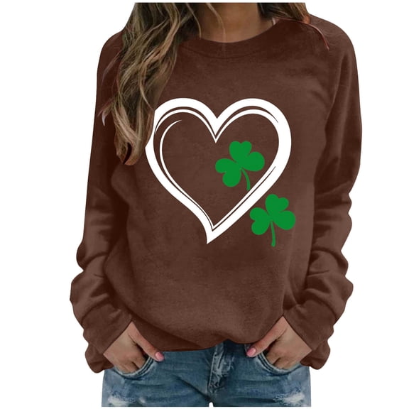 Cadancy Funny St Patricks Day Shirt Women Heart Irish Shamrock Print Long Sleeve Oversized Sweatshirts Crewneck Pullover Casual Holiday Tops