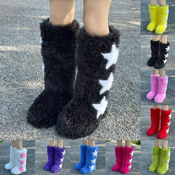 Cadancy Furry Boots for Women Faux Fluffy y2k Fashion Star Pattern Cute Knee High Booties Winter Warm Outdoor Trendy Snow Boot Flat Sole Round Toe Fuzzy Shoes