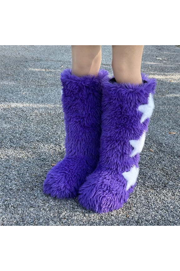 Furry Boots for Women Faux Fluffy y2k Fashion Star Pattern Cute Knee High Booties Winter Warm Outdoor Trendy Snow Boot Flat Sole Round Toe Fuzzy Shoes