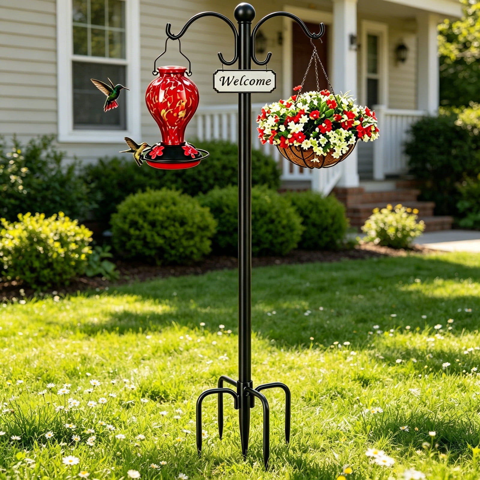 Cadancy Garden Decor Heavy Duty Shepherds Hook Stand Bird Feeder Hanger Hanging Plants Basket Holder Outdoor Yard Lawn Patio Flower Pot Display Metal Stake Welcome Sign Post