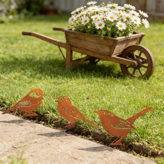 Cadancy Garden Decor Metal Stakes for Outdoor Yard Art, Rusty Iron Four Leaf Clover Silhouette Lawn Ornaments, Decorative Bird Plants Markers Flower Bed Patio Landscaping Decorations