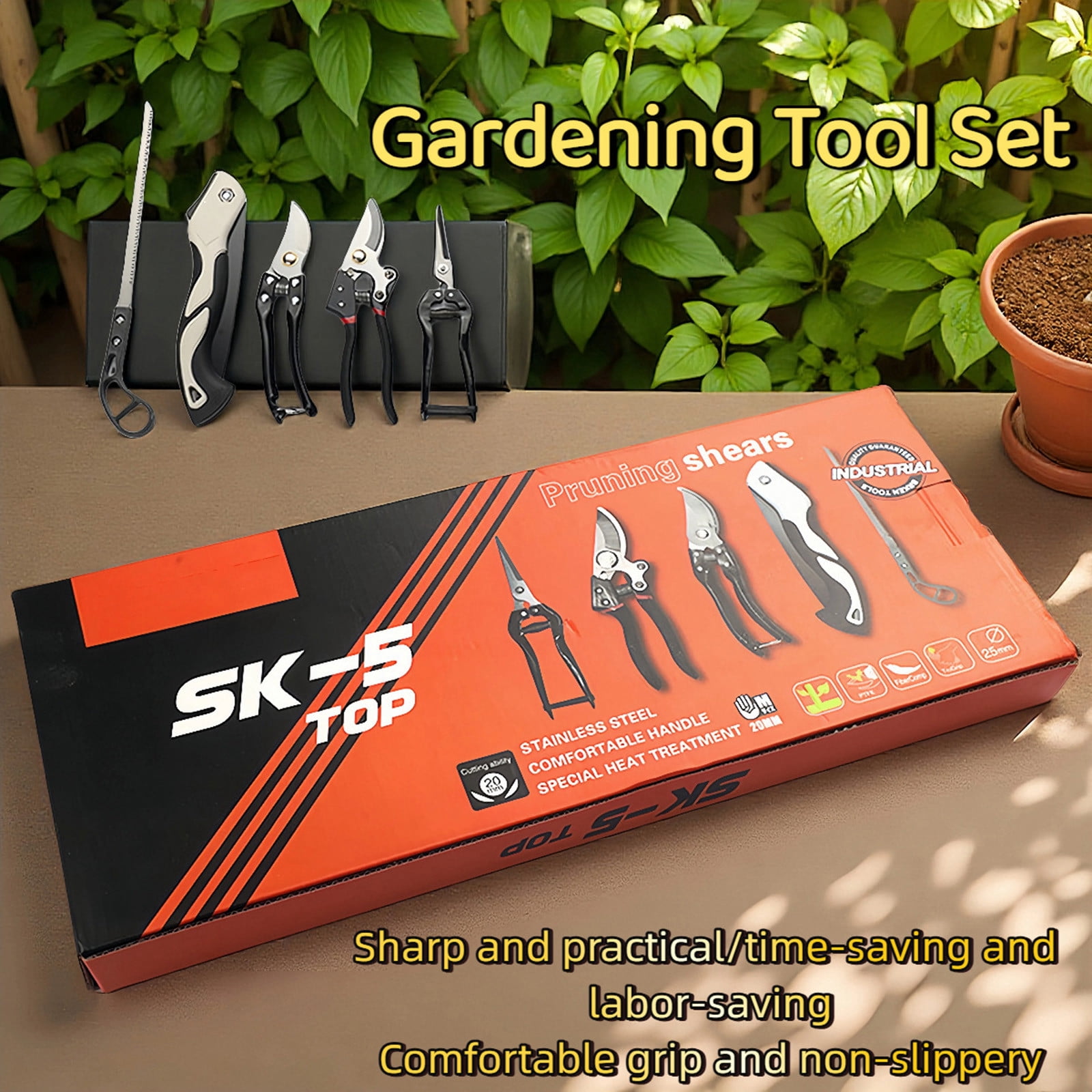 Cadancy Garden Tool Set 5 Piece, Heavy Duty Pruning Shears with Stainless Steel Blades, Ergonomic Gardening Kit for Planting Transplanting, Lawn Yard Outdoor Care