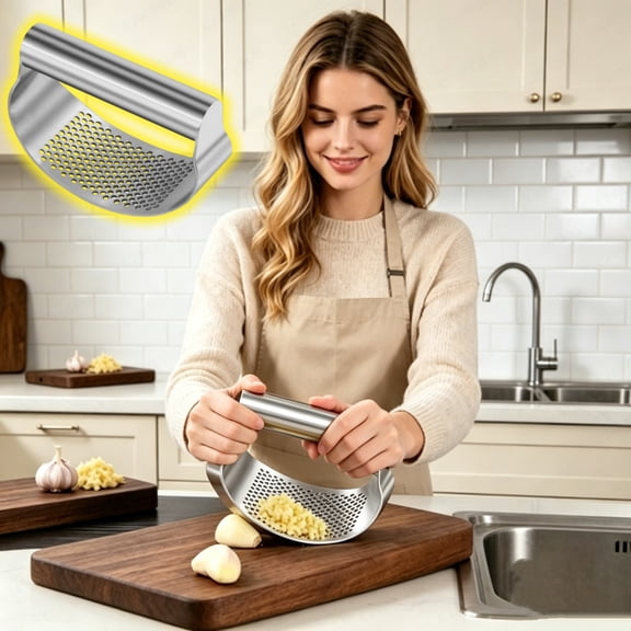 Cadancy Garlic Press Stainless Steel Rocker Mincer Crusher Manual Kitchen Tool for Chopping Grinding Slicing Mashing Ginger Onion Herb Large Surface Area Easy Clean Dishwasher Safe
