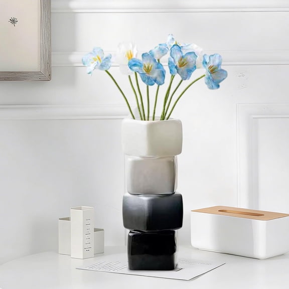Cadancy Geometric Ceramic Vase Home Decor Stacked Cube Flower Pots Modern Interiors Contemporary Art Sculpture Ornaments, Unique Tabletop Accents for Dining Room Coffee Table Arrangement