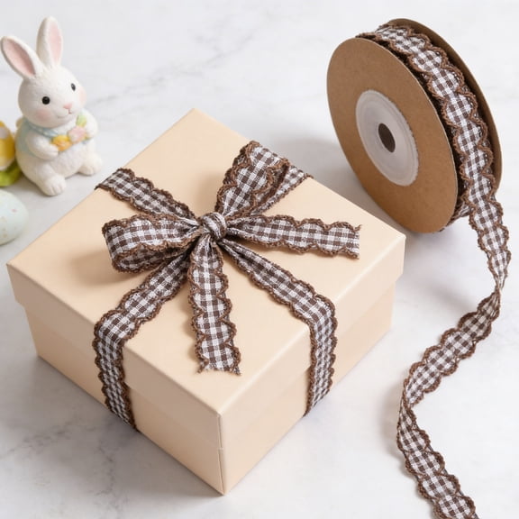 Cadancy Gingham Ribbon for Crafts Gift Wrapping, Checkered Fabric Trim with Scalloped Edge, Sewing Scrapbooking Supplies DIY Projects, Hair Bow Making Material