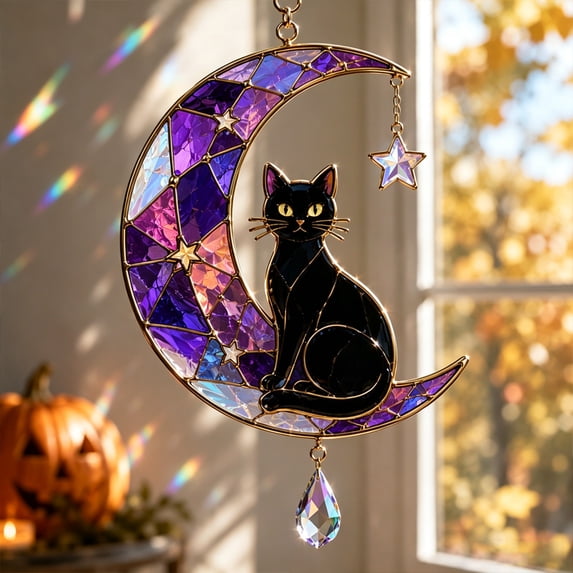 Cadancy Halloween Acrylic Stained Glass Suncatcher Window Hanging Cat Pendant Prism Light Catcher Indoor Outdoor Garden Party Home Decoration Gift