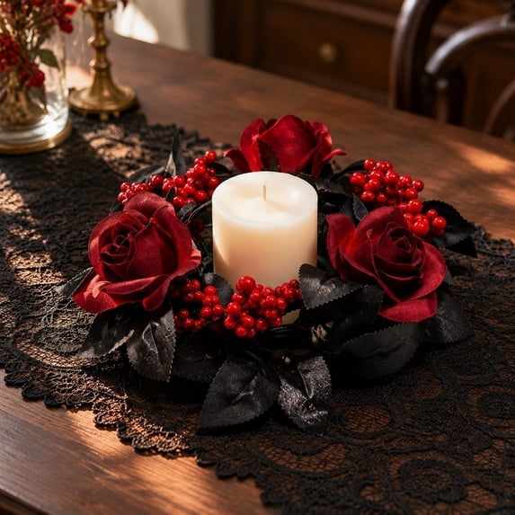 Cadancy Halloween Candle Holder Wreath Centerpiece Artificial Flower Ring Pillar Light Stand Table Decorations for Dining Room Mantle Wedding Home Decor Party Event Supplies