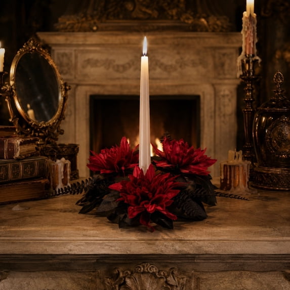 Cadancy Halloween Candle Holder Wreath Centerpiece Artificial Flower Ring Pillar Light Stand Table Decorations for Dining Room Mantle Wedding Home Decor Party Event Supplies