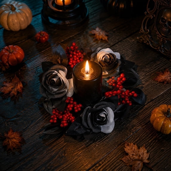 Cadancy Halloween Candle Holder Wreath Centerpiece Artificial Flower Ring Pillar Light Stand Table Decorations for Dining Room Mantle Wedding Home Decor Party Event Supplies