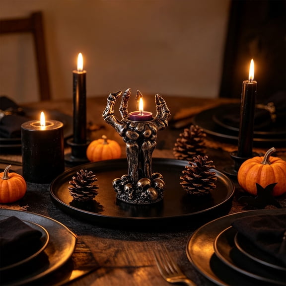 Cadancy Halloween Candle Holders Skeleton Hand Skull Base Tea Light Holder Resin Spooky Decor for Home Table Centerpiece Mantel Shelf Haunteds House Party Decorations Seasonal Ornaments