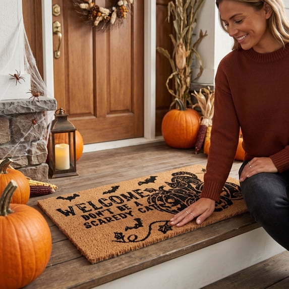 Cadancy Halloween Coir Welcome Doormat with Pumpkin Design, Natural Coconut Fiber Front Door Mat, Heavy Duty Scraping Outdoor Entrance Rug, Entryway Patio Porch Home Decor
