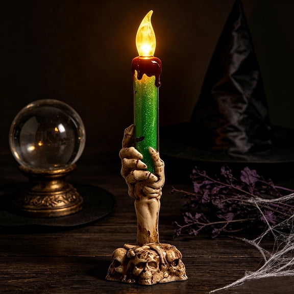 Cadancy Halloween Decor Skeleton Hand LED Candle Holder with Skull Base Light Up Taper Pillar Stand Spooky Flameless Candelabra for Party Table Centerpiece Gothic Haunteds House Decoration
