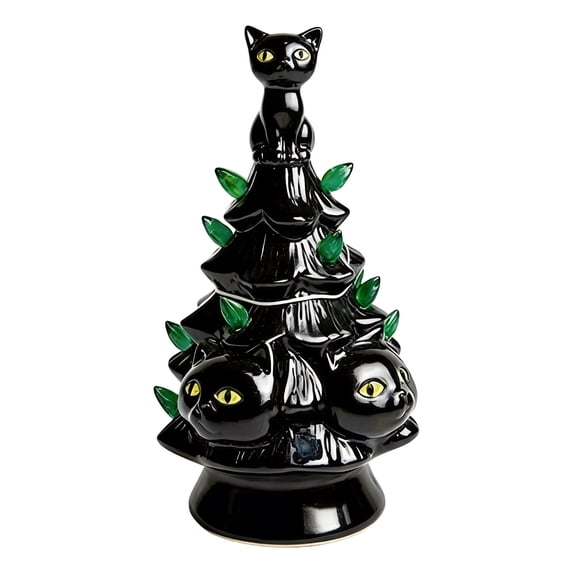 Cadancy Halloween Decorations Ceramic LED Light Up Cat Tree Ornament for Mantel Shelf Table Centrepiece Decor Spooky Seasonal Home Decor Night Light Holiday Gift