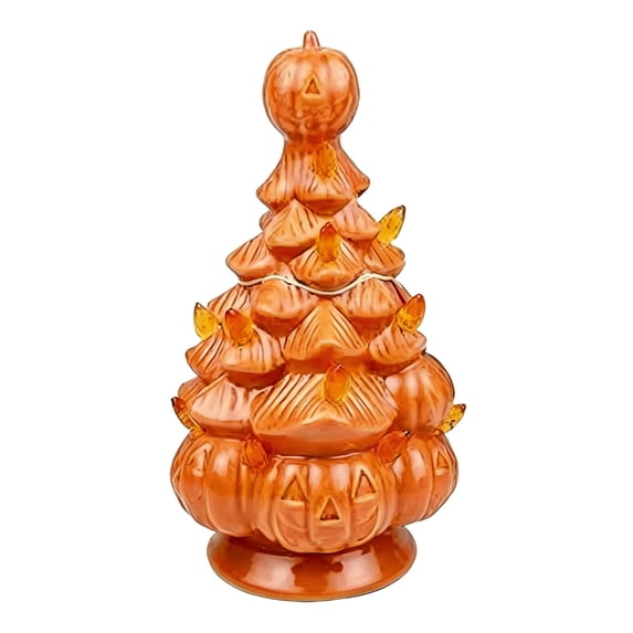 Cadancy Halloween Decorations Ceramic LED Light Up Pumpkin Tree Ornament for Mantel Shelf Table Centrepiece Decor Spooky Seasonal Home Decor Night Light Holiday Gift