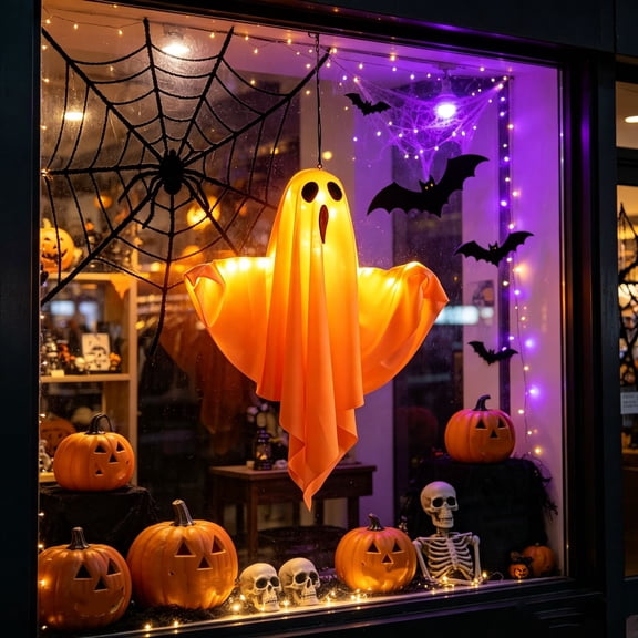 Cadancy Halloween Decorations Light Up Ghost Wall Hanging, Spooky LED Spirit Indoor Decor with Spider Web Design, Battery Operated Phantom for Home Party Haunted Ambiance