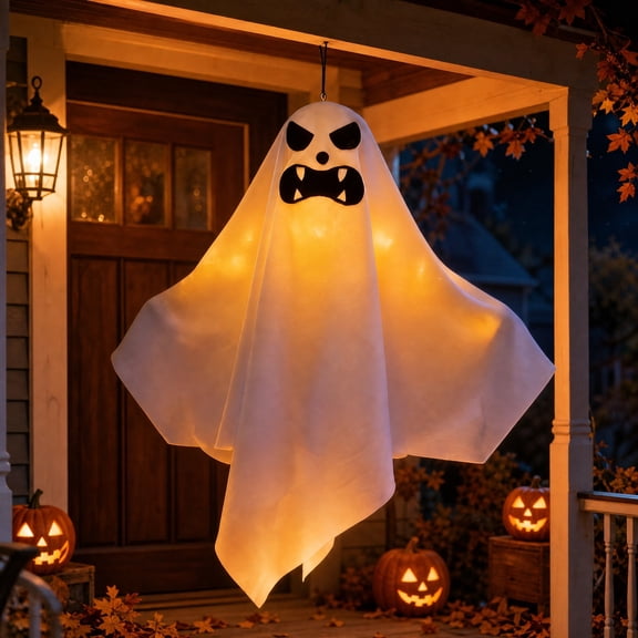 Cadancy Halloween Decorations Light Up Hanging Ghost with Angry Expression LED Glowing Prop for Front Door Porch Tree Yard Outdoor Holiday Party Spooky Display