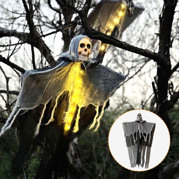Cadancy Halloween Decorations Outdoor Skeleton Ghost Lighted Hanging Prop Scary Tattered Fabric Porch Yard Tree Display with String Lights Haunteds House Spooky Party Supplies