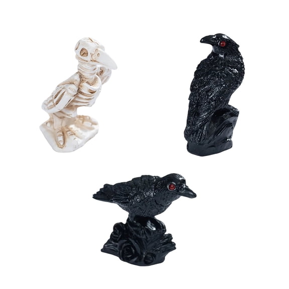 Cadancy Halloween Decorations Raven Figurine 3 PCS Crow Statue Skeleton Bird Tabletop Spooky Party Prop Haunteds House Display Gothic Home Ornament Seasonal Gift