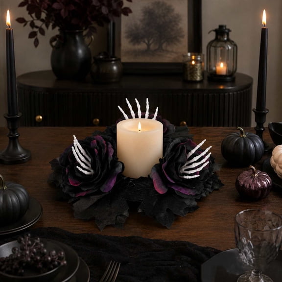 Cadancy Halloween Decorations Skeleton Hands Candle Ring Black Roses Spooky Gothic Centerpiece Table Decor Party Mantel Shelf Haunteds House Home Decoration