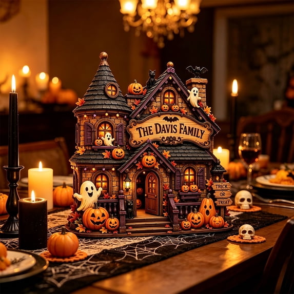 Cadancy Halloween Decorations Vintage Haunteds House Village Wooden Tabletop Decor Lighted Spooky Town Scene Mantel Shelf Tray Display Indoor Home Seasonal Holiday Party Ornament