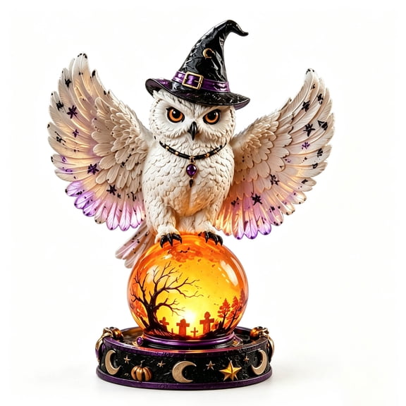 Cadancy Halloween Decorations White Owl Tabletop Night Light with Bat Wing LED Glowing Crystal Ball Base Gothic Spooky Desk Ornament for Party Holiday Seasonal Home Decorative Gift