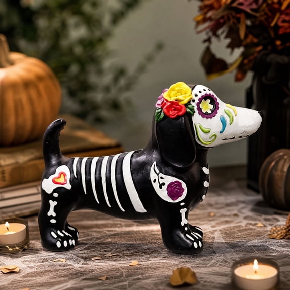 Cadancy Halloween Dog Figurine Sugar Skull Resin Statue Day of The Dead Skeleton Sculpture for Garden Patio Tabletop Mantel Indoor Outdoor Holiday Party Home Decoration