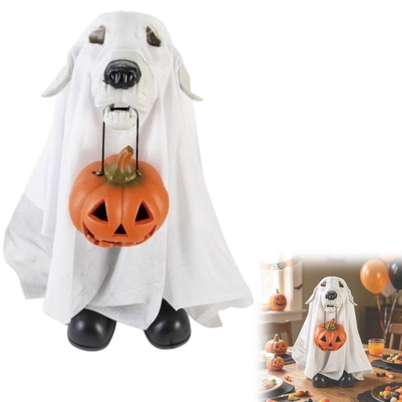 Cadancy Halloween Ghost Dog Statue Skeleton Puppy Holding Pumpkin Lantern Figurine Decorative Tabletop Decor for Home Party Desk Shelf Display Spooky Holiday Ornament Gift