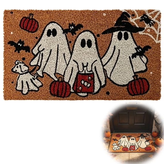 Cadancy Halloween Ghost Doormat Trick or Treat Front Door Mat Indoor Outdoor Non Slip Floor Rug Pumpkin Witch Holiday Party Home Entrance Decoration