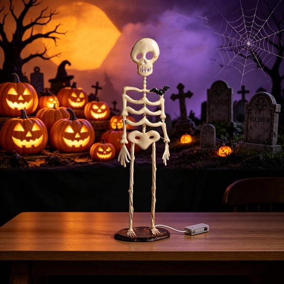 Cadancy Halloween Skeleton Decoration Light Up Figure Standing Bone Props Scary Party Ornament LED Illuminated Tabletop Display for Haunteds House Yard Spooky Scene