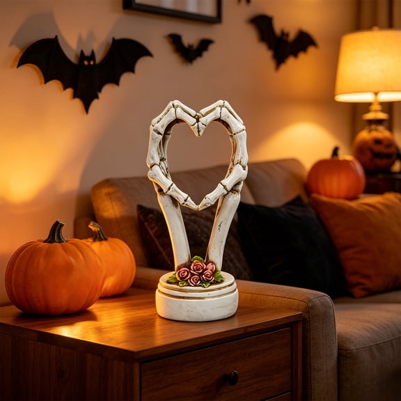 Cadancy Halloween Skeleton Hand Decor Resin Heart Shaped Skull Arm Figurine Gothic Tabletop Ornament Spooky Party Prop Decoration Seasonal Home Display Holiday Gift